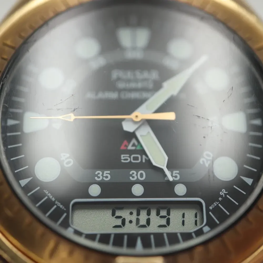 Pulsar Alarm Chrono Ana Digi 41mm Watch Brown Leather V014-9020 w New Battery
